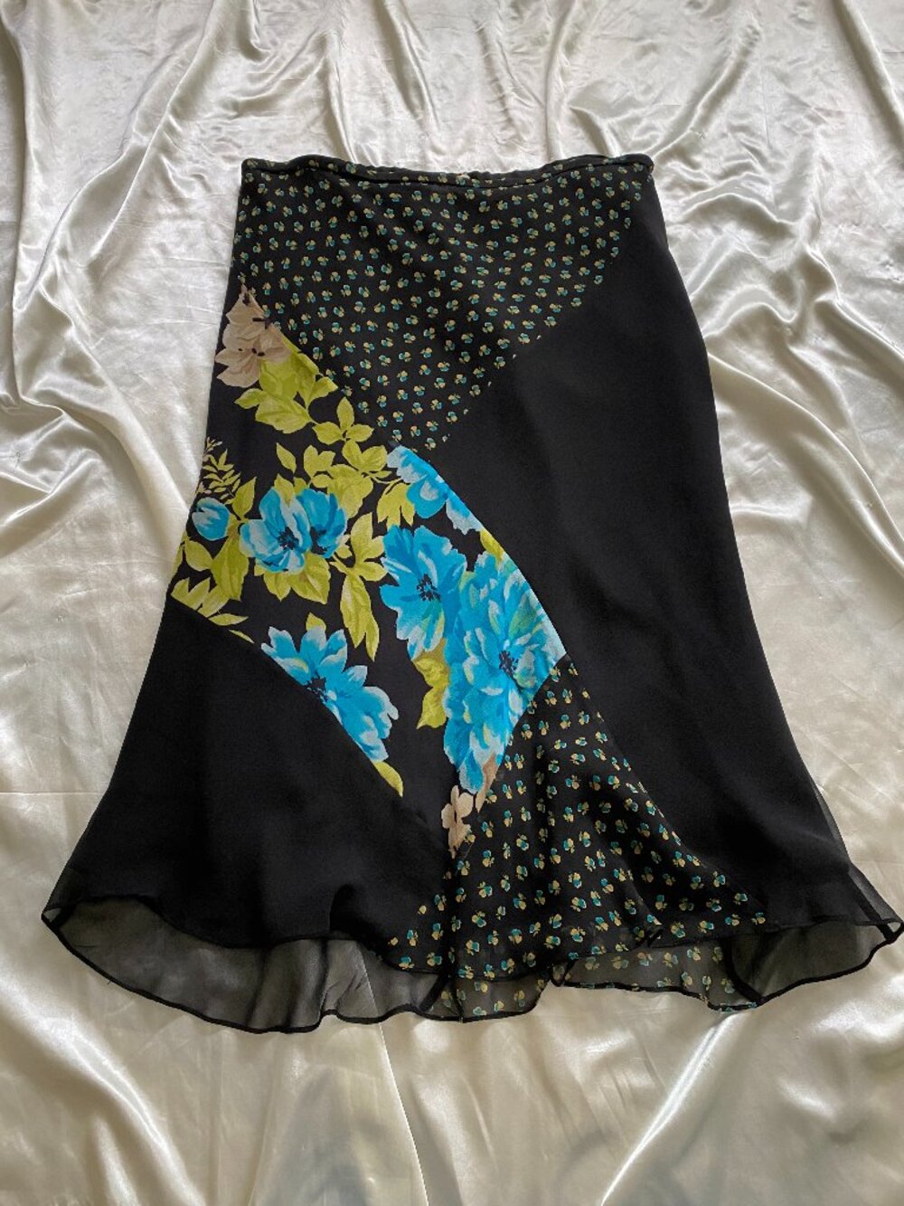 Vintage y2k 100% Silk Black Blue Floral Patchwork Bias Cut Skirt Boho Fairy L